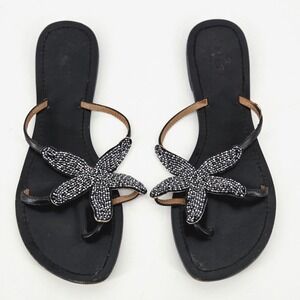 Aspiga Black Leather Beaded Starfish Thong Sandals Beach Flip Flops Size 40 US 9